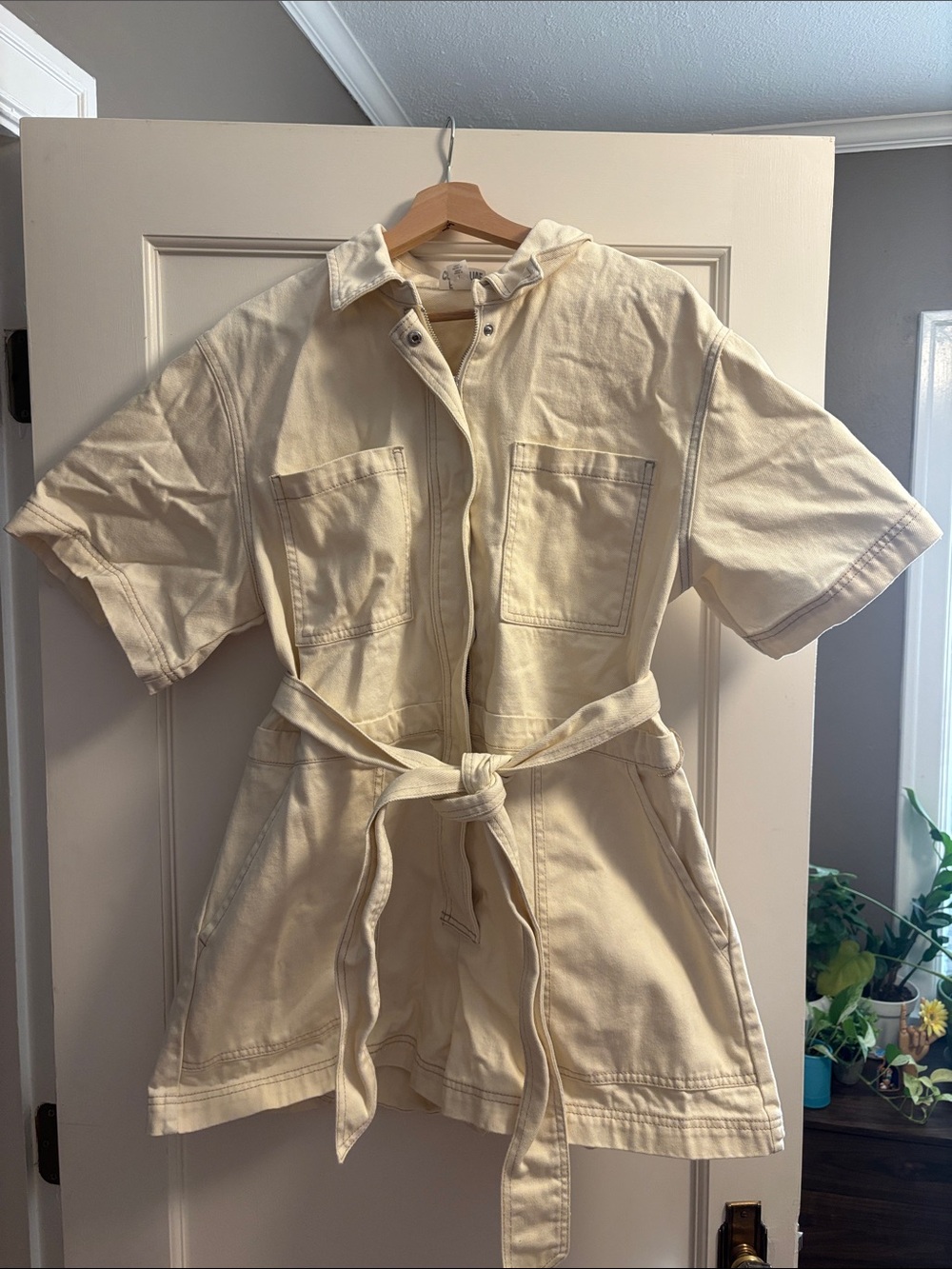 Future Collective Women's Short Sleeve Utility Romper Cotton Ivory Size‎ Large